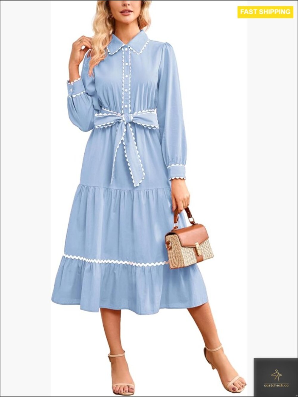 Long Sleeve Midi Dress Flowy Ruffle Tiered Button Down Cotton Elegant Retro Chic